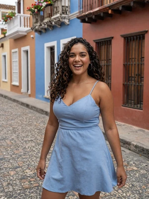 Daniela, 28, Colombian single from Cartagena in light blue sundress on colorful street - verified dating profile