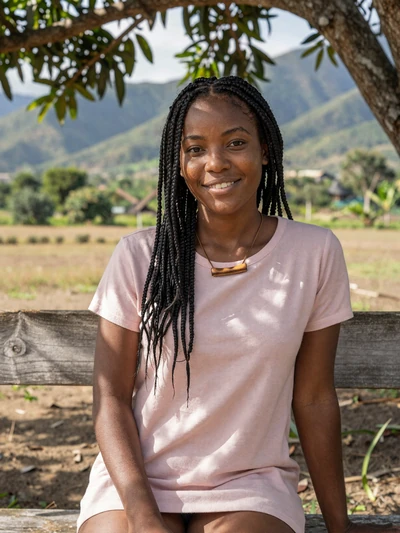 Daphné, 26, Haitian single from Hinche with box braids under mango tree in mountain setting - verified dating profile