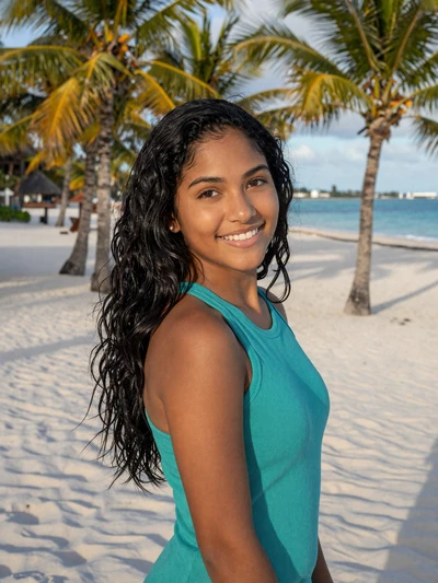 Maribel, 28, Dominican woman from Punta Cana in turquoise top on tropical beach - Latin 312 verified profile