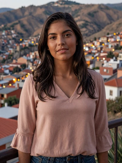 Adriana, 26, Bolivian woman from La Paz in rose blouse overlooking mountain valley - Latin 312 verified profile