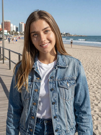 Sofía, 23, Argentinian woman from Mar del Plata in denim jacket on coastal boardwalk - Latin 312 verified profile