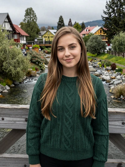 Emilia, 24, Chilean woman from Valdivia with light brown hair on riverside bridge with German-style buildings - Latin 312 profile
