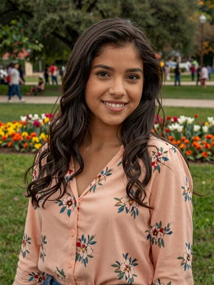 Daniela, 24, playful Colombian woman in a peach floral blouse in a lush green park in Medellín