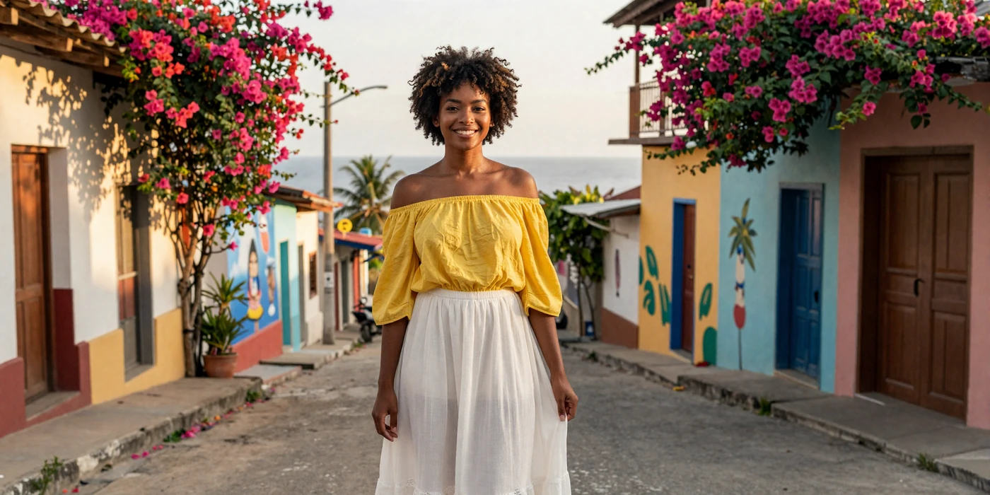 Beautiful Haitian woman smiling on a colorful Jacmel hillside street with Caribbean Sea and tropical flowers at golden hour