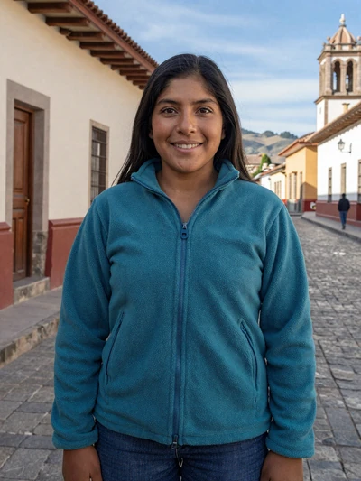Jimena, 28, Bolivian woman from Potosí in teal jacket on colorful colonial street - verified dating profile