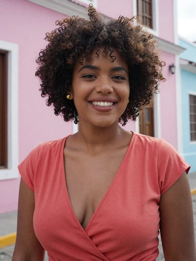 Shanelly, 27, Curaçaoan woman from Punda with natural afro hair at pink colonial building - verified dating profile