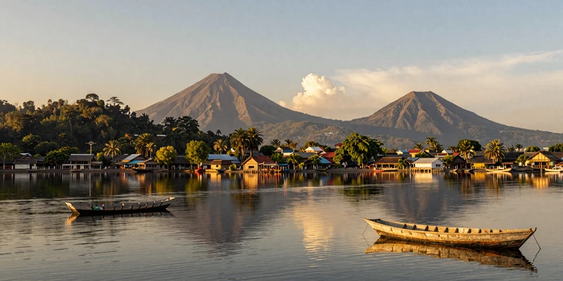 Lake Atitlán Guatemala at golden hour with volcanoes reflected in calm water and traditional village on the shore