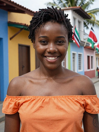 Simone, 25, Afro-Trinidadian woman from Port of Spain in orange top with colorful buildings - Latin 312 verified profile