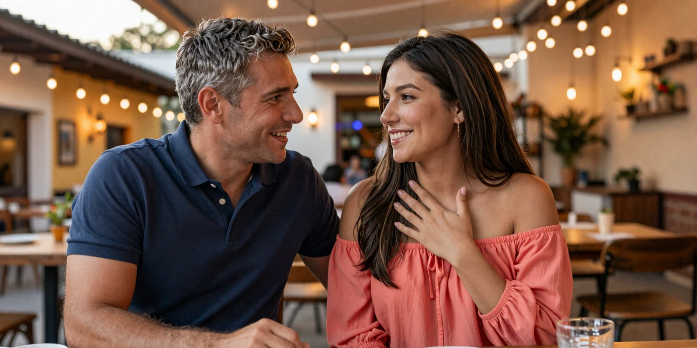 American man speaking Spanish phrases to a Latina woman at a romantic outdoor restaurant during golden hour