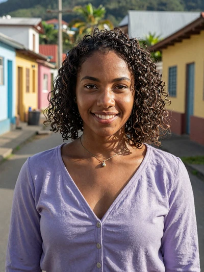 Aliya, 23, Saint Lucian single from Dennery with natural curly hair on colorful village street - verified dating profile