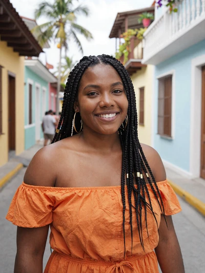 Nayeli, 24, Afro-Panamanian woman from Colón with braided hair on colorful Caribbean street - Latin 312 verified profile