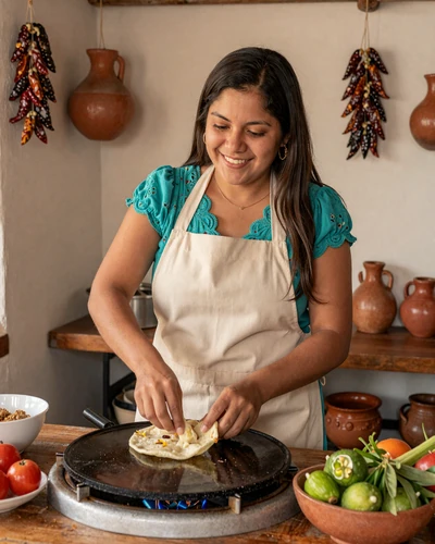 Salvadoran woman happily making traditional pupusas in a warm family kitchen with clay pots and fresh ingredients