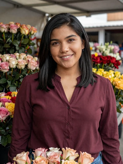 Valentina, 26, Ecuadorian single from Ambato at a colorful flower market - verified dating profile