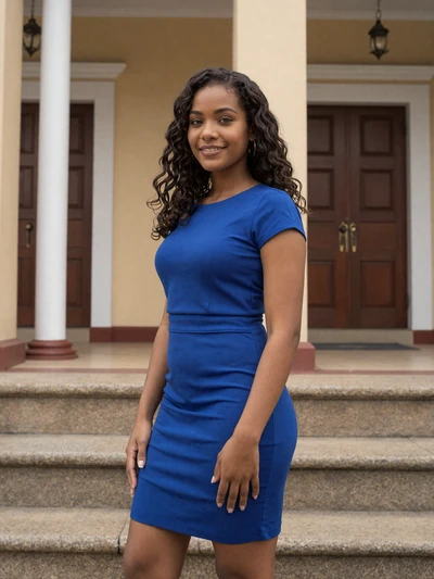 Crystal, 29, mixed Afro-Indo Guyanese single from Linden in blue dress at colonial building - verified dating profile