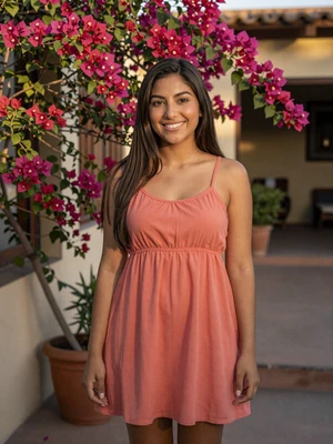 Alejandra, 26, Mexican woman with warm smile in coral sundress standing in a sunlit courtyard in Guadalajara