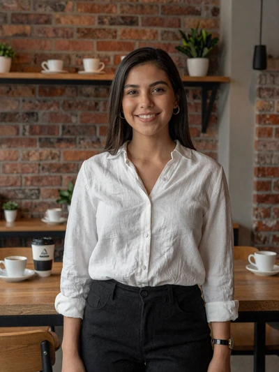 Evelyn, 24, Salvadoran single from San Salvador in white blouse at a modern cafe - verified dating profile