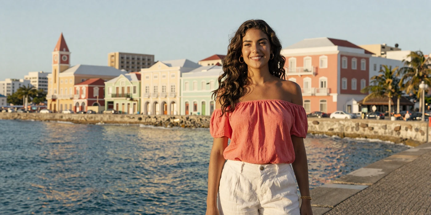 Beautiful Dutch Antillean woman smiling on Willemstad waterfront with colorful Handelskade colonial buildings and turquoise Caribbean sea at golden hour