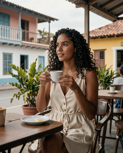 Elegant French Guianese woman enjoying French coffee at a charming outdoor cafe in Cayenne with colorful colonial architecture