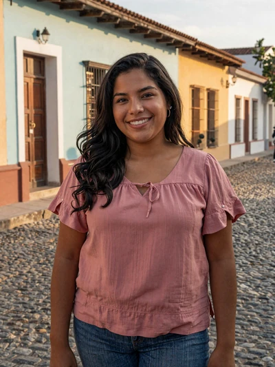 Marcela, 28, Honduran single from Choluteca in rose blouse on colorful colonial street - verified dating profile