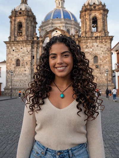 Camila, 24, Ecuadorian woman from Cuenca with curly hair near the blue-domed cathedral - Latin 312 verified profile
