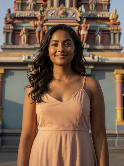 Reshma, 28, Indo-Trinidadian single from Chaguanas in peach sundress near colorful temple - Latin 312 verified profile