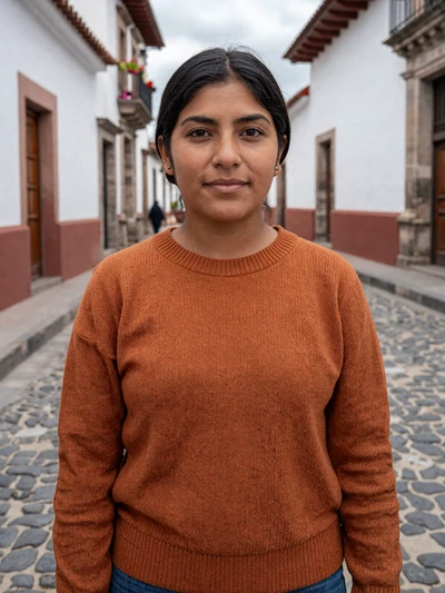 Lucía, 29, Bolivian woman from Potosí in rust sweater on colonial cobblestone street - verified dating profile
