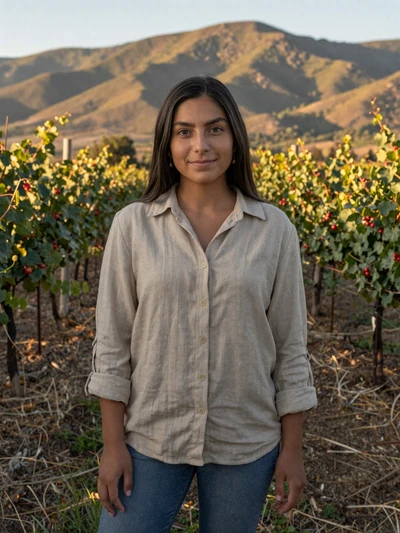 Isabel, 27, Bolivian woman from Tarija with green eyes among vineyard rows with mountain backdrop - verified profile