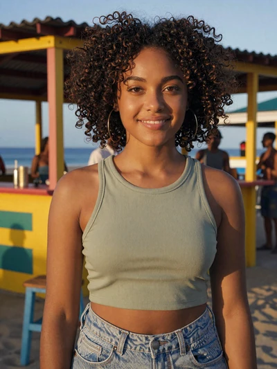 Renée, 24, Saint Lucian woman from Gros Islet with natural afro at a beachfront bar at sunset - Latin 312 verified profile