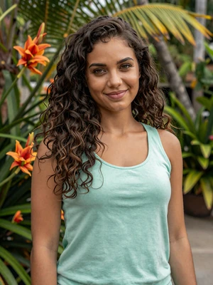 Tricia, 24, Grenadian single from Grenville with wavy hair in tropical flower garden - verified dating profile