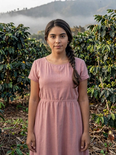 Milagros, 28, Nicaraguan single from Matagalpa in pink linen dress at coffee plantation with misty mountains - verified profile