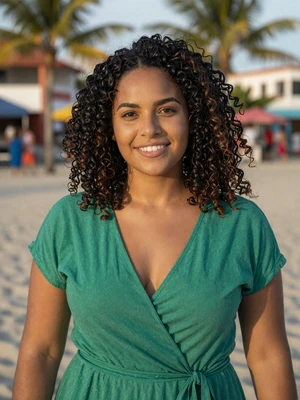 Yolanda, 29, radiant Dominican woman in emerald green top on a tropical beach boardwalk in Santo Domingo