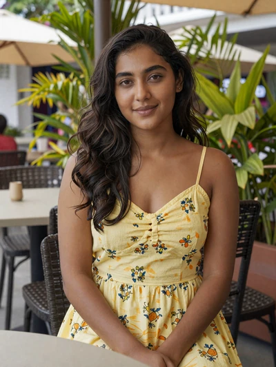 Sarita, 24, Guyanese woman from New Amsterdam in yellow sundress at outdoor cafe - Latin 312 verified profile