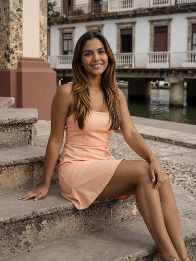 Lisbeth, 26, Cuban single from Matanzas in peach sundress on colonial stone steps - verified dating profile
