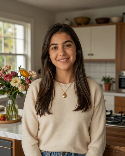 Beautiful Mexican woman smiling warmly in a cozy kitchen setting representing ideal Latina wife qualities