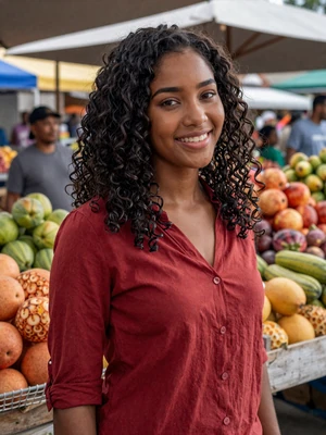 Gabrielle, 23, Grenadian woman from Victoria with curly hair at colorful fruit market - Latin 312 Dating profile