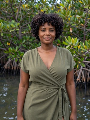Aaliyah, 29, Bahamian woman from Andros Island with natural afro by a mangrove waterway - Latin 312 verified profile