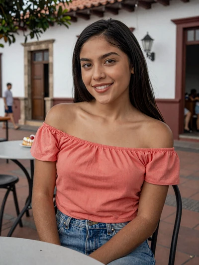 Yamileth, 25, Panamanian single from Santiago in coral top at town plaza - verified dating profile