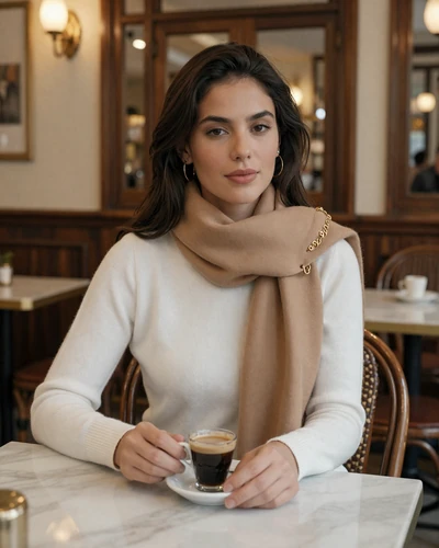 Sophisticated Argentinian woman enjoying espresso at a traditional Buenos Aires cafe with ornate European-style interior