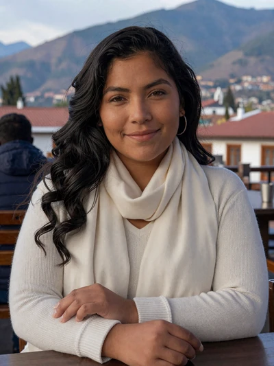 Gabriela, 28, Guatemalan woman from Quetzaltenango in white sweater at a highland cafe - Latin 312 verified profile