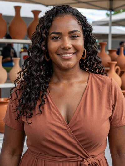 Simone, 29, Saint Lucian woman from Choiseul in terracotta wrap dress at a crafts market - Latin 312 verified profile