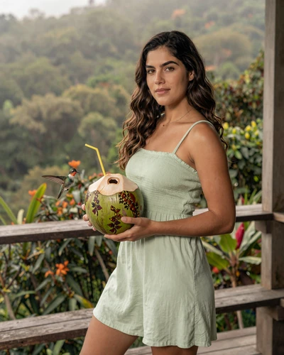 Costa Rican woman in light green dress holding coconut drink on wooden terrace surrounded by lush tropical plants in cloud forest