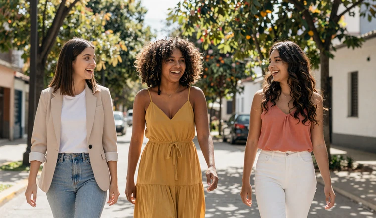 Three diverse beautiful Latin American women of different skin tones walking and laughing together on a sunny boulevard showing the diversity of Latin beauty