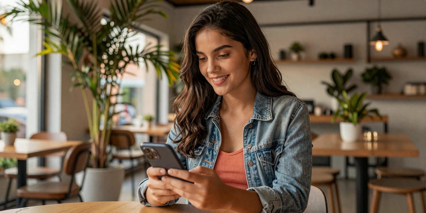 Beautiful Latina woman smiling while browsing a dating app on her phone in a sunny modern cafe representing latina singles seeking connections online