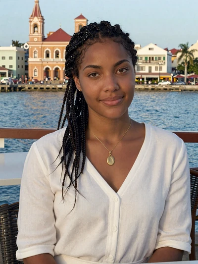 Mirlande, 24, Haitian single from Cap-Haïtien with braided hair at waterfront cafe - verified dating profile