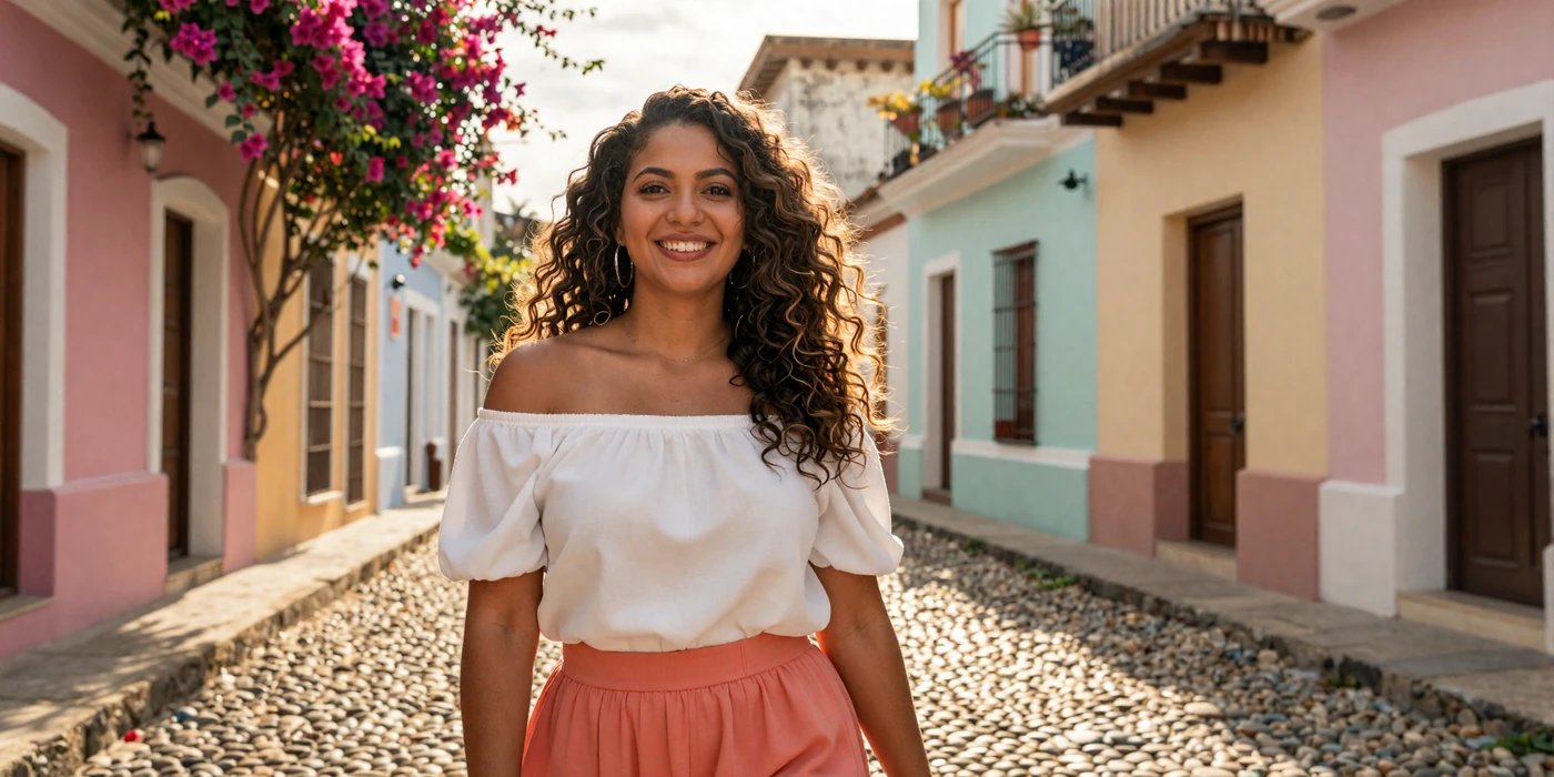 Beautiful Dominican woman with radiant smile on a colorful cobblestone street in Zona Colonial Santo Domingo at golden hour