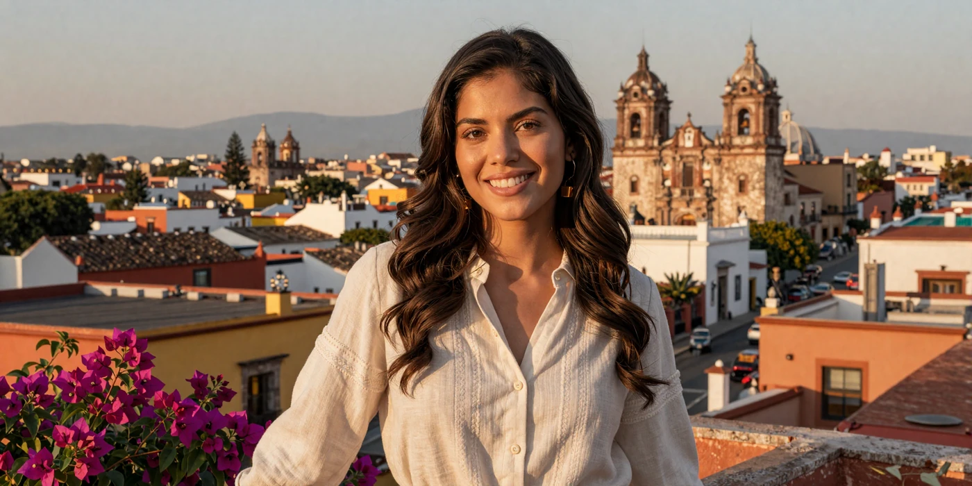 Beautiful Mexican woman smiling on a rooftop terrace in a colonial Mexican city at golden hour