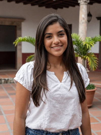 Keyla, 25, Honduran woman from Tegucigalpa with dark hair in embroidered blouse at colonial courtyard - Latin 312 Dating verified profile