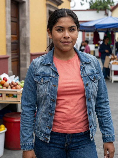Gabriela, 24, Salvadoran woman from San Miguel in coral top on a vibrant market street - Latin 312 verified profile