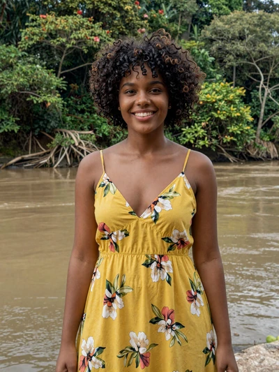 Inaya, 23, French Guianese single from Saint-Laurent-du-Maroni in floral sundress by Maroni River - verified dating profile