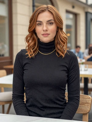 Florencia, 27, sophisticated Argentinian woman with auburn hair at a European-style cafe in Buenos Aires